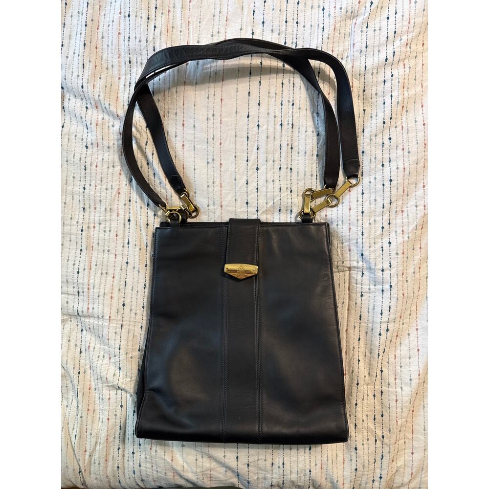 Vintage Mark Cross New York Leather Black Tote Top Handle Purse Bag Gold